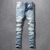 korean style fashion men jeans retro light blue elastic slim fit ripped jeans men streetwear destroyed designer denim punk pants