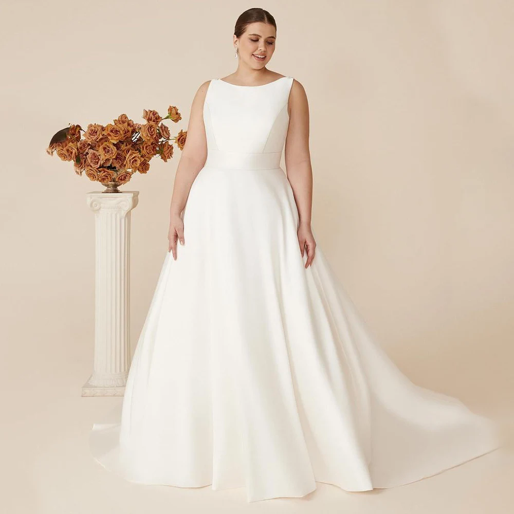 

White Sleeveless Scoop Wedding Dresses Floor-Length for Bridal A-Line Plus Size Jersey Lace Applique Sexy Open Back Sweep Strain