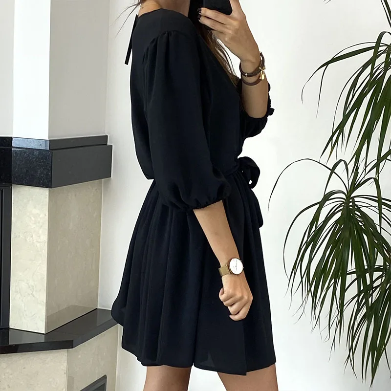 

Fashion Spring V-Neck Sexy Solid Dress Summer Casual Three-Quarter Sleeve Mini Dress Women Elegant Bandage Pleated Party Dresses