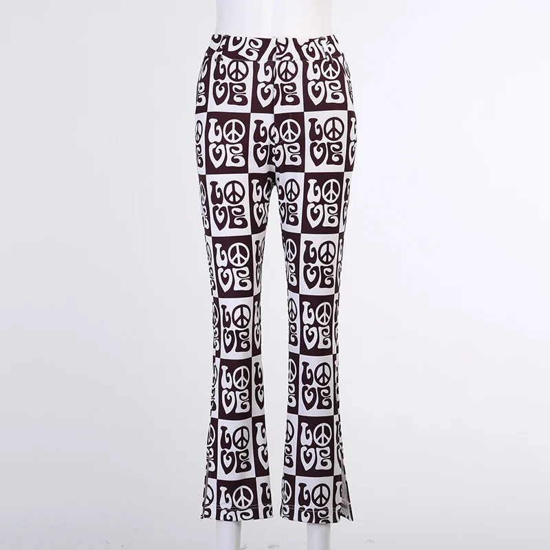 

Women Vintage Brown Split Side Flare Pants Pattern Print Women Autumn Casual Streetwear High Waist Trousers Fashion Female Pants