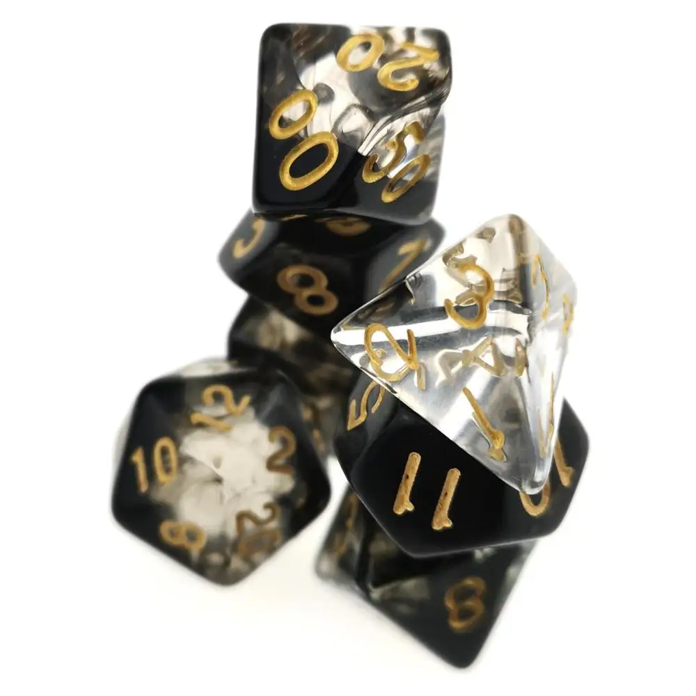 Полупрозрачный набор костей для ролевых игр Nebula с черными вихревыми и золотыми