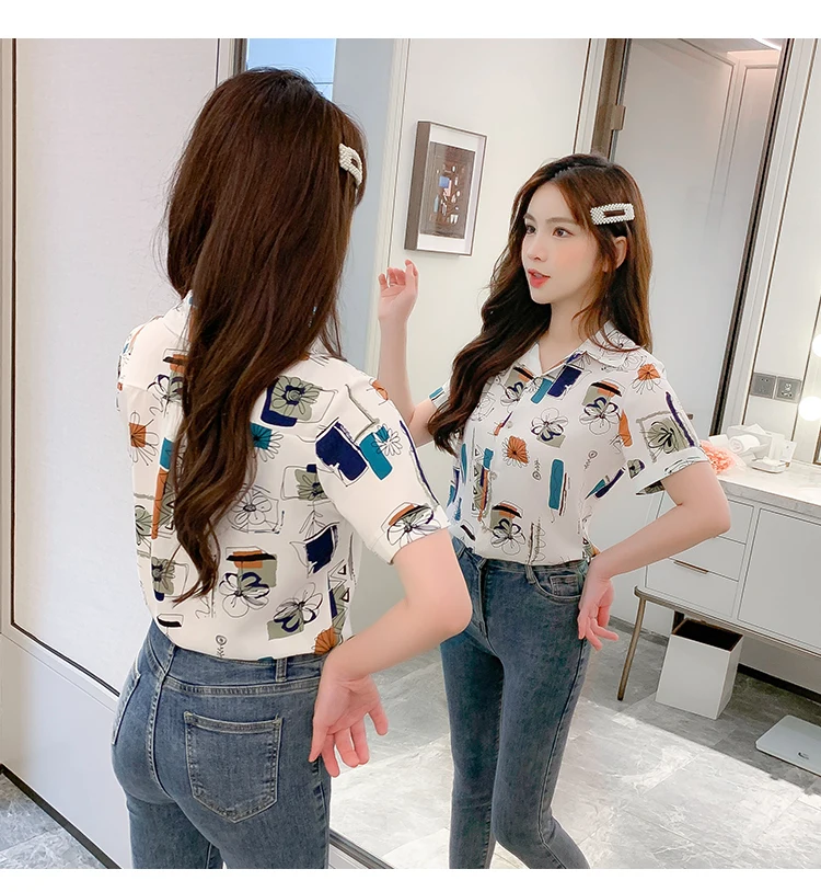 

Houthion New Short-sleeved Women's Blouse 2021 Slim Tops Fashion Casual Korean Summer Chiffon Polo Collar Shirt Lady