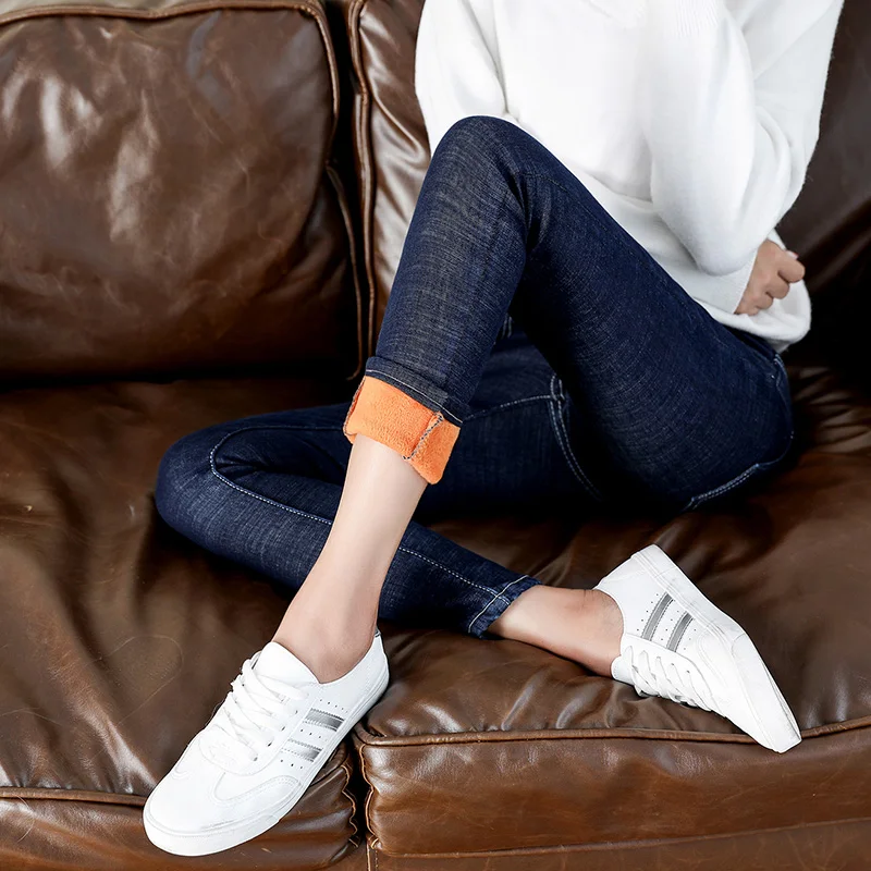 Новые корейские повседневные зимние джинсы стретч Тонкие штаны женские Ретро