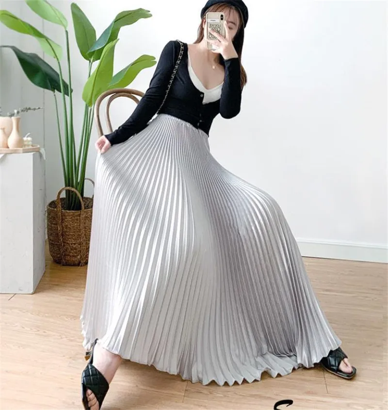 

Autumn Long Skirt Women Evening Skirt Black Purple Simple High Waist Pleated Skirt Party Night Elegant mujer faldas femme jupes