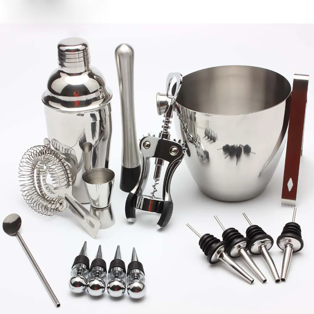 

Wine Cocktail Mixing Bar Set Bartender Kit Essential Bar ware 750ml 550ml Stainless Steel Shaker Ice Bucket Double Sided Jigger