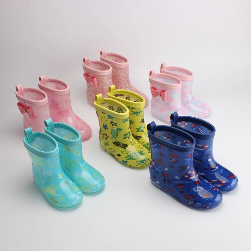 

New Arrival Children rain Boots for 2021 Printing Soft Soled Waterproof Shoes Autumn Boys and Girls Cartoon Bowknot Ankle Boots