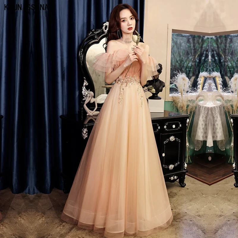 

KAUNISSINA Women Evening Dresses Woman Party Night Long Formal Dress Ruffles Off the Shoulder Beaded Gown Vestidos De Fiesta