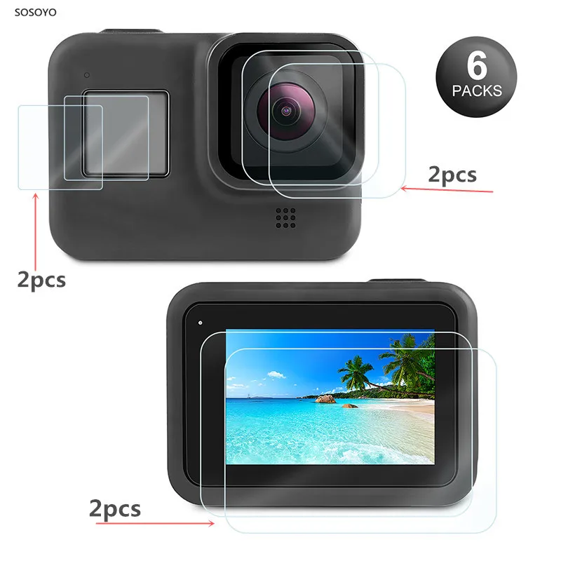 6 шт. HD Закаленное стекло Защитная пленка для объектива Gopro Hero 8 Черная Спортивная