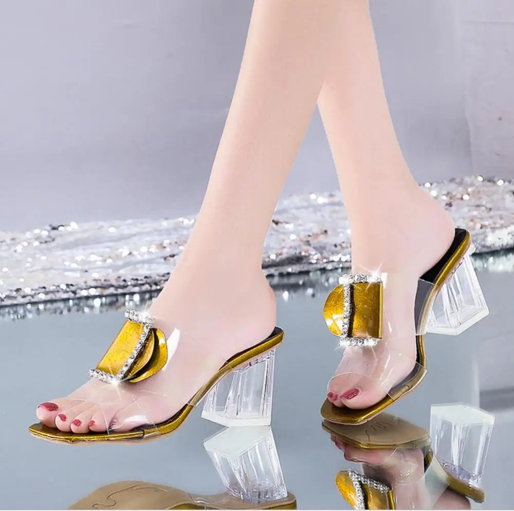 Женские сандалии без задника прозрачные на высоком квадратном каблуке с