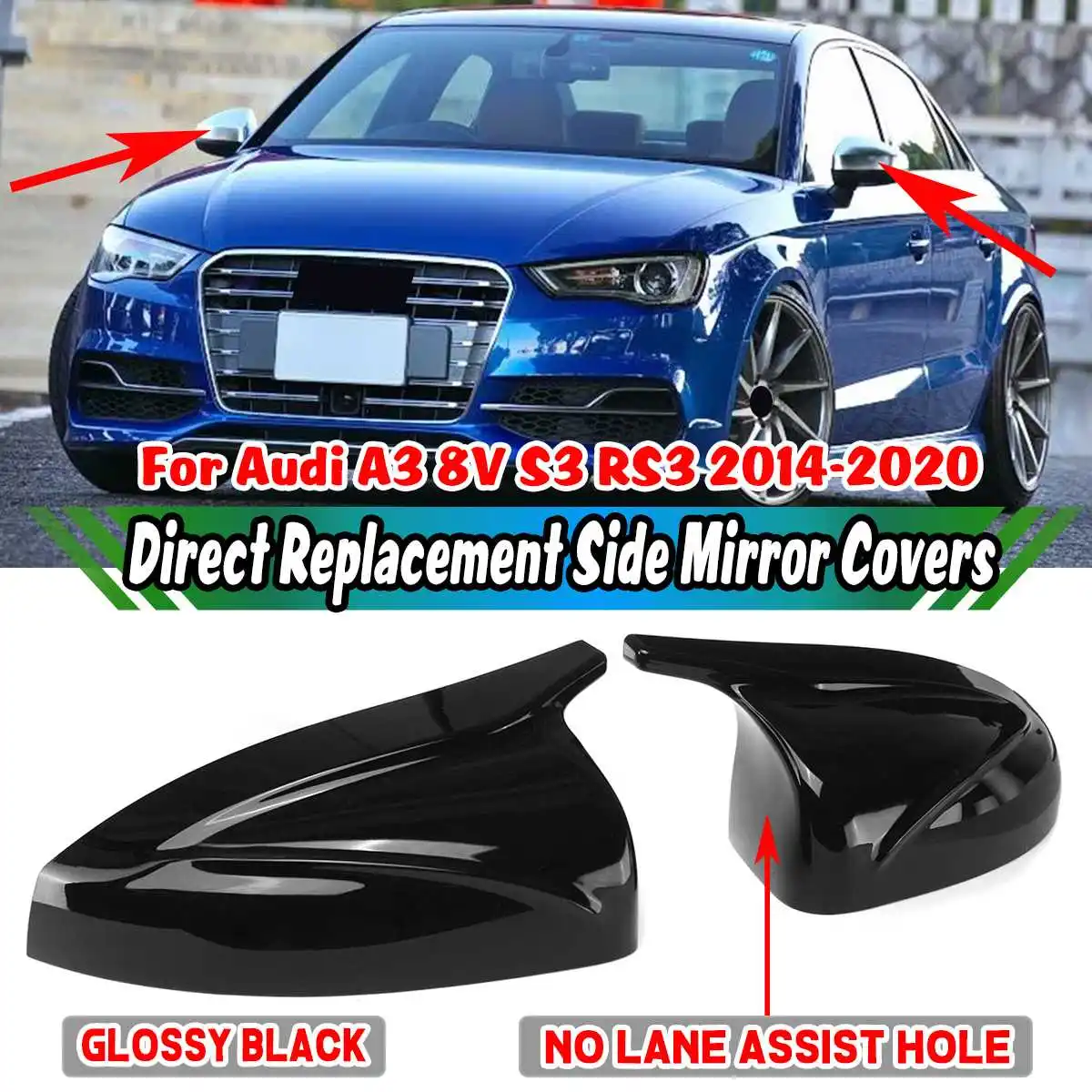 

M Style глянцевые черные автомобильные зеркальные крышки, отделка, замена для Audi A3 8V S3 RS3 2014-2020, вспомогательное отверстие Wihout Lane