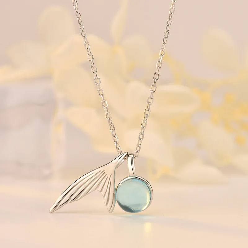 

Trendy fashion mermaid foam S925 sterling silver necklace small fresh aquamarine fish tail high quality exquisite gift for women