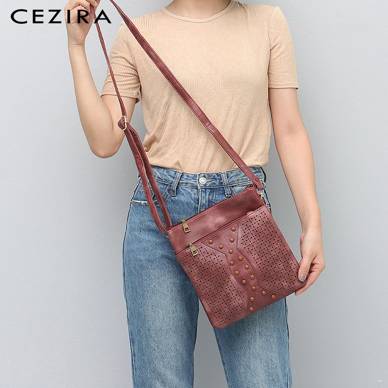 

CEZIRA Vintage Designer PU Vegan Leather Women Handbags Luxury Hollow Out Beads Zip Crossbody Purses Female Casual Shoulder Bags