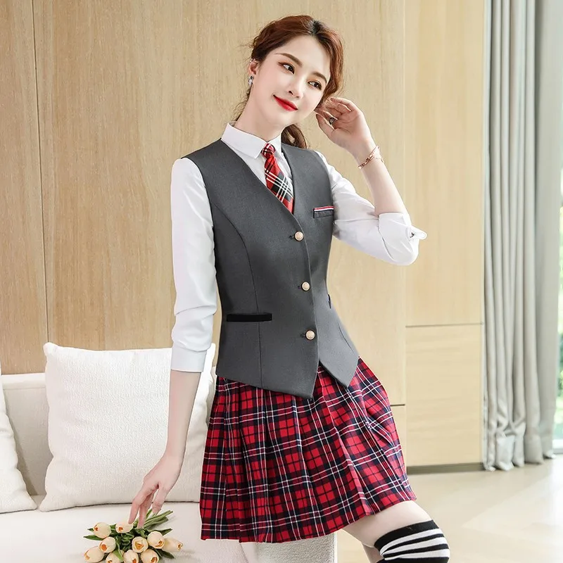 

Модный серый жилет, женские деловые костюмы, комплекты с юбкой и жилетом, Женская рабочая офисная форма, Стильные серые