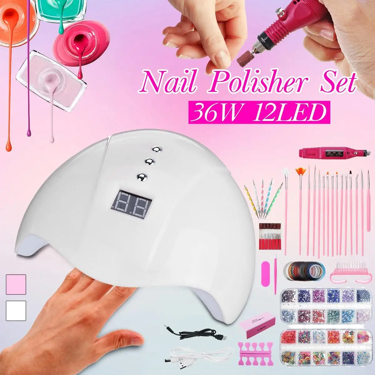 

Nail Art Tools Set Kit With 36W UV Lamp Nail Brush Nail Drill Pen Drawing Diamond Decoration Polishing Manicure DIY