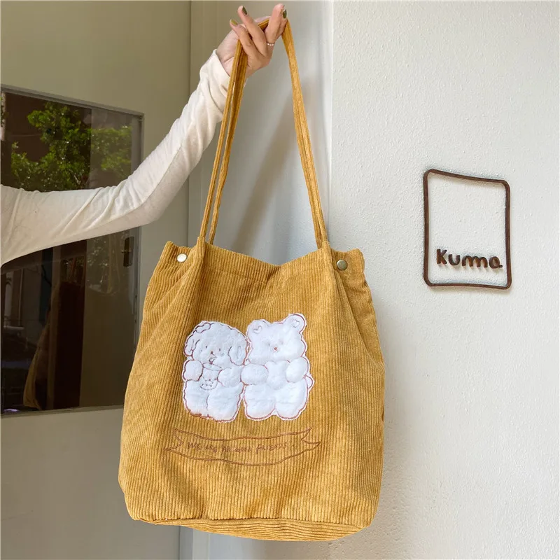 

Corduroy Large Capacity Women Shoulder Bag Plush Bear Embroidered Ladies Shopping Tote Bags Cute Girls Student Canvas Handbags