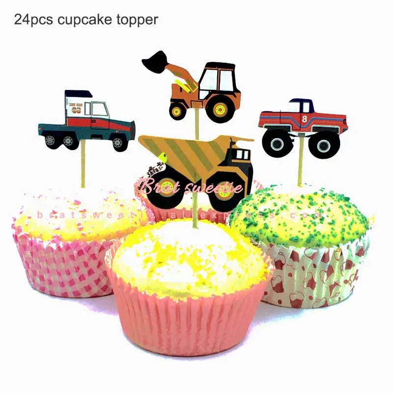 24pc car cake topper Строительные вечерние Предупреждение ющий стикер ленты DIY инженерный автомобиль экскаватор тема детский день рождения, день рождение мальчика вечерние украшения - Цвет: 24pc car cake topper