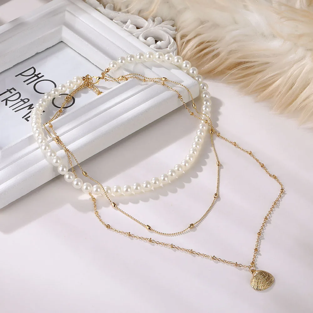 

Bohemian Shell Pearl Chain Layered Necklace for Women Retro Multilayer Geometric Choker Pendant Necklace Fashion Collar Jewelry