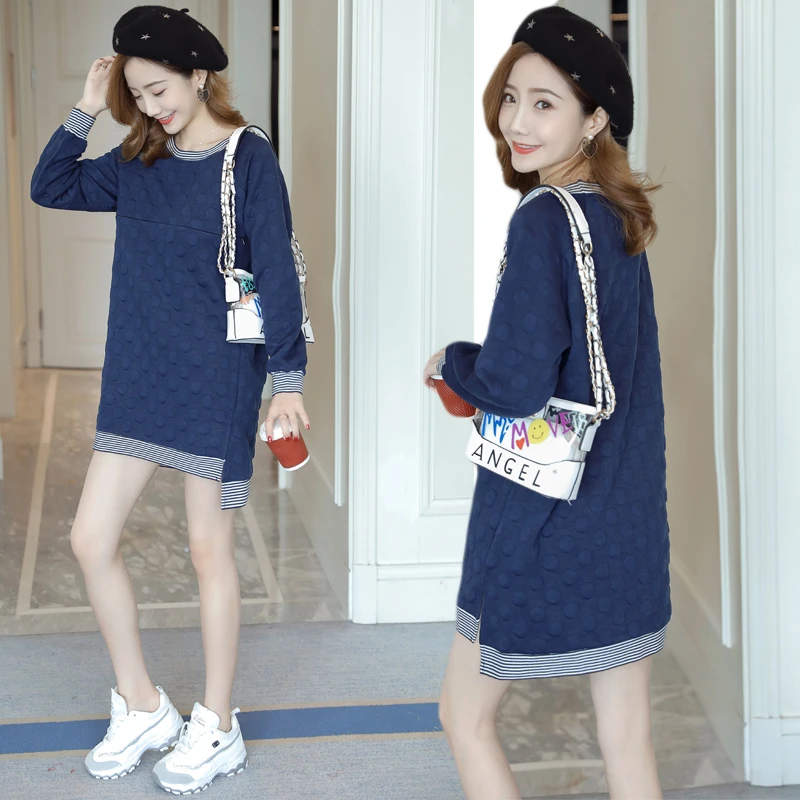 New Winter Round Collar Postpartum Women Fleece Lactation Dress Long High-Low Zipper Fly Maternity Breastfeeding Dress Cute