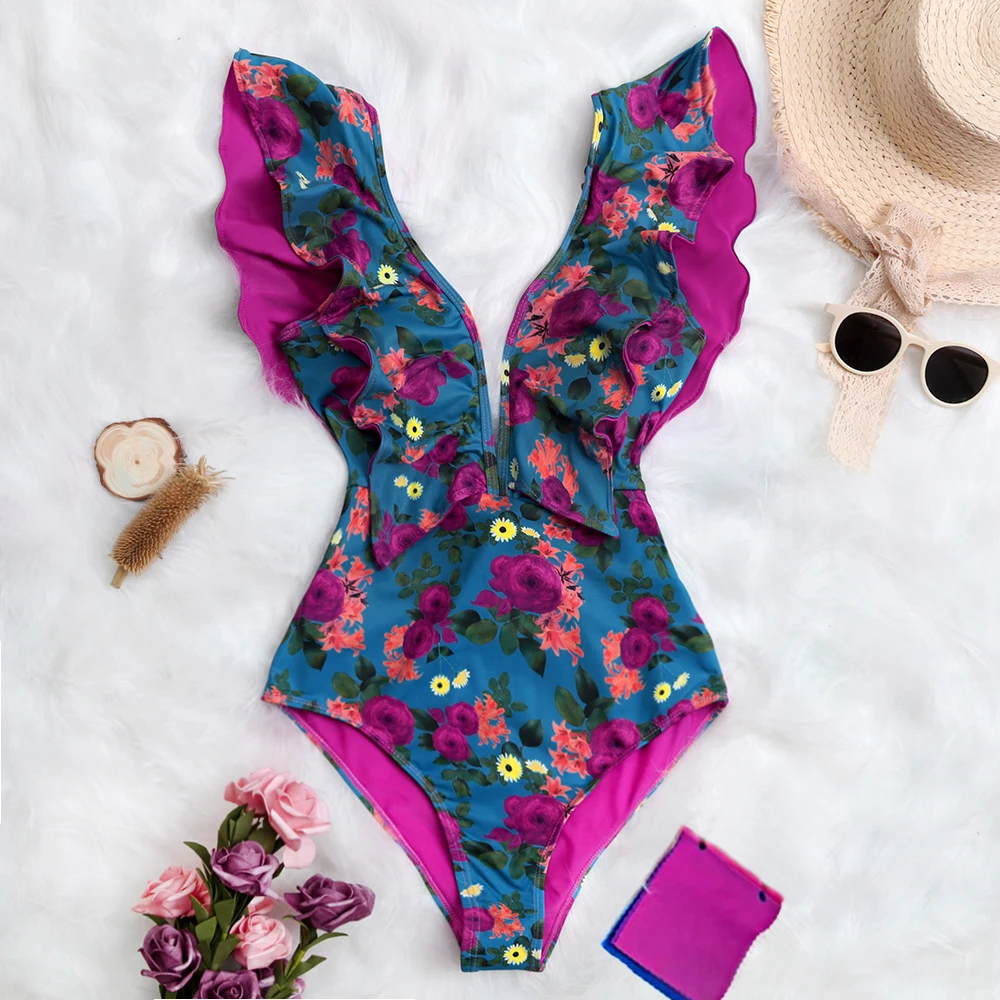 

One Piece Swimsuit Sexy One Shoulder Ruffle Swimwear Women Leaf Print Bathing Suits Beach Wear 2021 New Arrival Monokini Swim