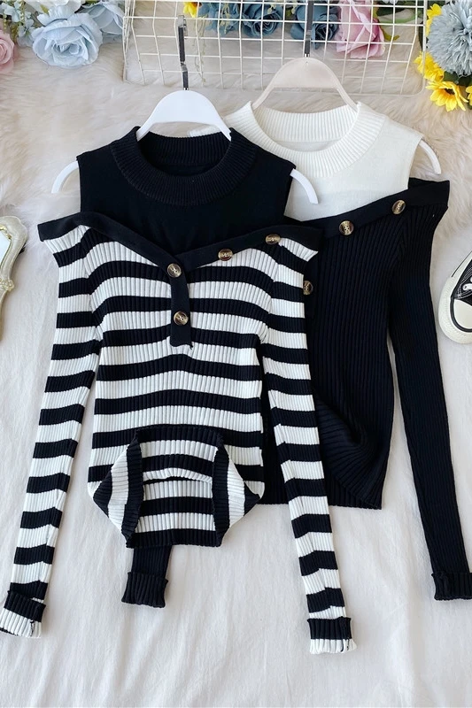 

Spring and autumn women's clothes new hollow stripe knitted long-sleeved sweater