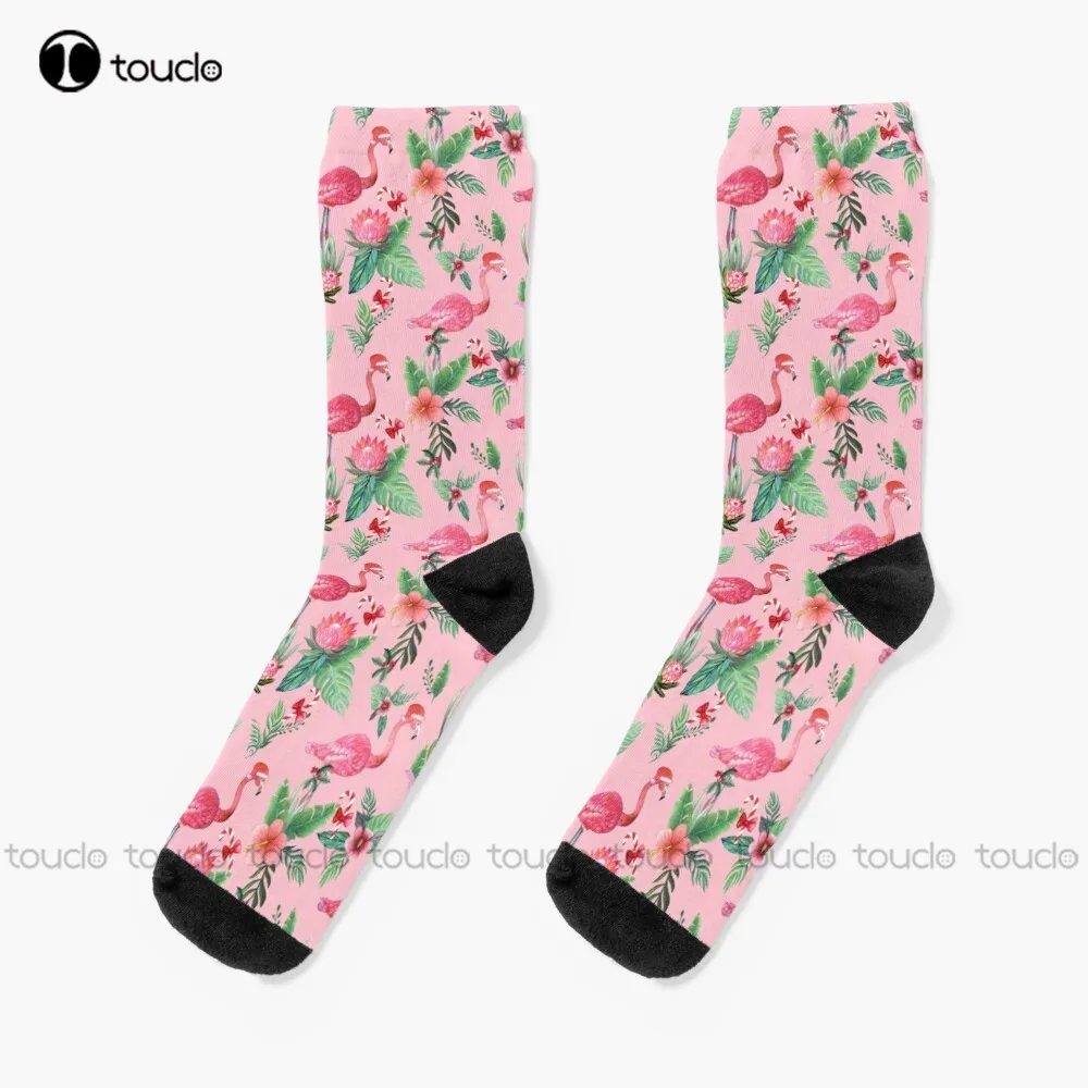 

Flamingo Santa On Pink With Candy Canes / Tropical Christmas Socks Winter Socks Personalized Custom 360° Digital Print Gift