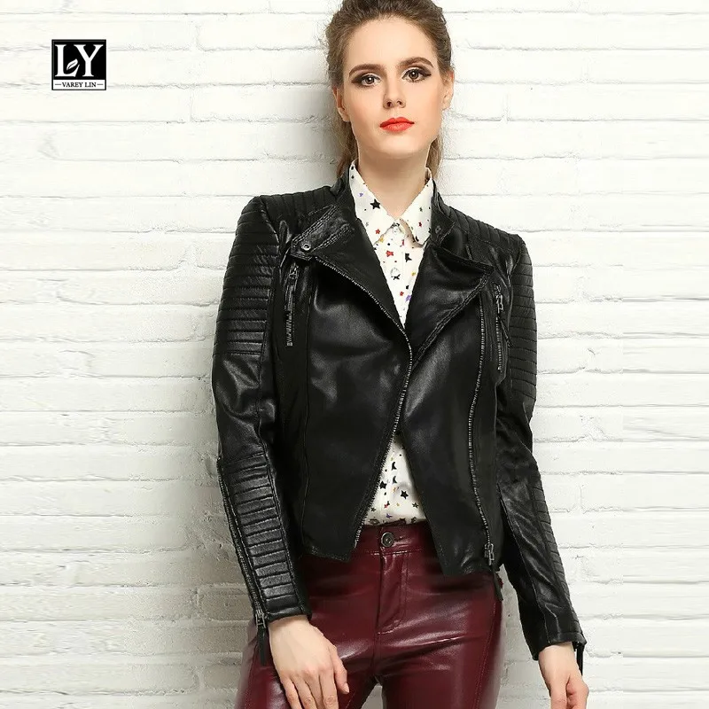 

LY VAREY LIN New Spring Autumn Pu Leather Jacket Women O Neck Motorcycle Black Short Black Outerwear Casual Slim Streetwear
