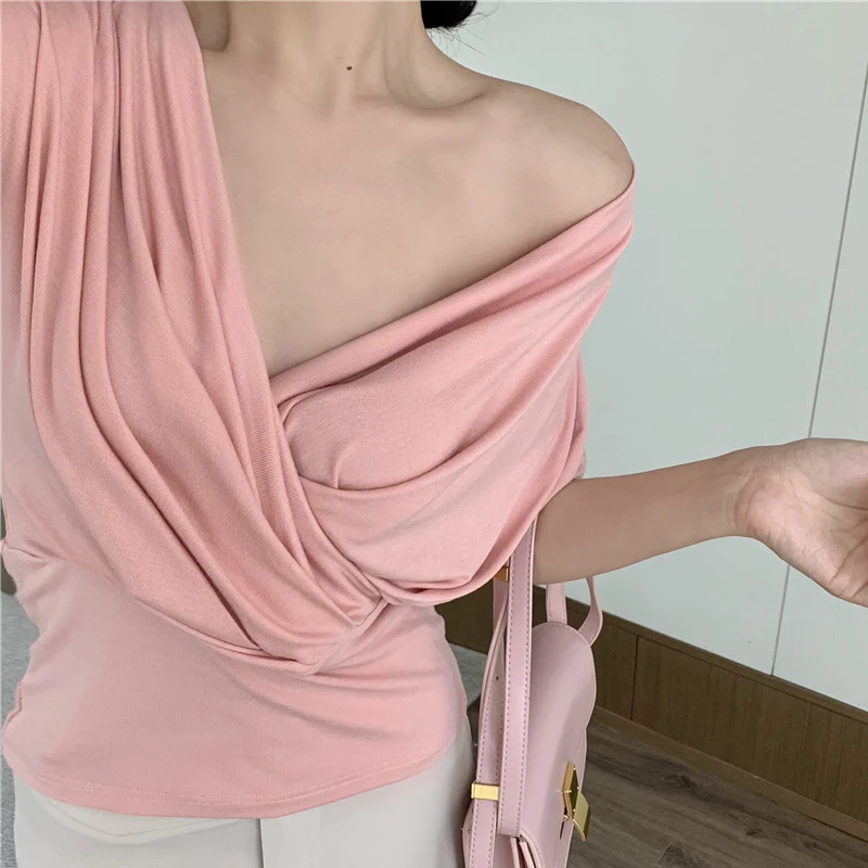 

2021 Summer New Solid Women T-shirt Short Sleeve Gentle Lady T-shirt One-shoulder Casual All-match Female Top Women's Tunic15676