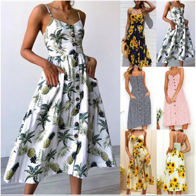

2020 European and American Summer New Printed Strap Foreign Trade Cross-Border Hot Selling Long Dress