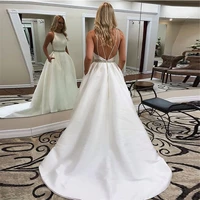 simple a line wedding dresses sleeveless custom made white ivory satin vestido de novia crystal sash sweep train bridal dress