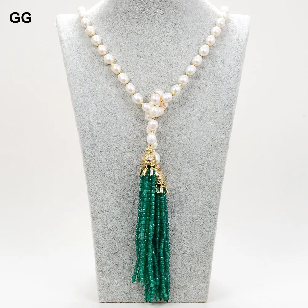 

GG Jewelry 51'' Cultured White Rice Pearl Green Agate Tassel CZ Pave Pendant Long Necklace