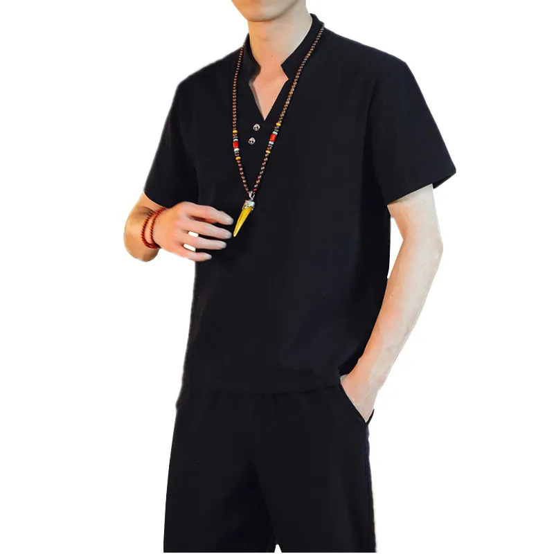 Summer new men two-piece set black retro t shirt and Ankle-Length pants cotton linen fabric mens sets Large size 5xl | Мужская одежда