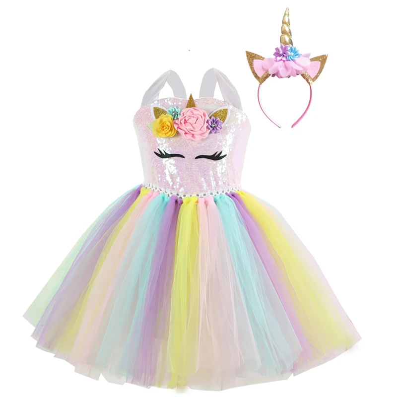 Unicorn Costume Dress Girl 2021 Rainbow Birthday Party Gift Princess Tutu Christmas Halloween for Kids Full Sets | Тематическая