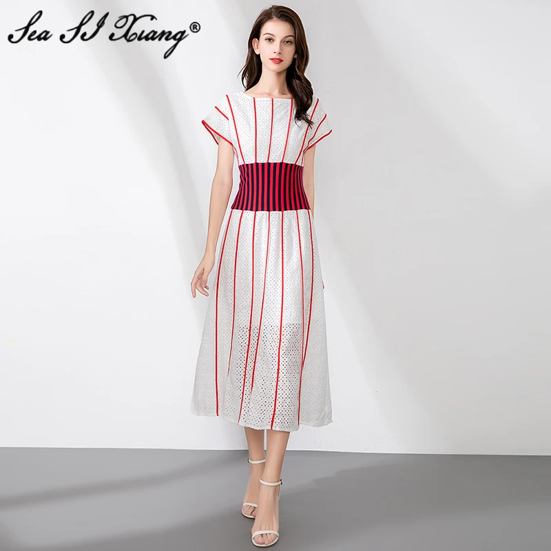 

Seasixiang Fashion Designer Summer Dress Women O-Neck Short Sleeve Hollow out Embroidered Stripe Elegant Party Dresses