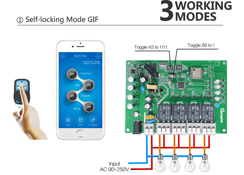 Itead Sonoff 4CH Pro R2 Wifi переключатель 4 канала инчинг самоблокирующийся замок умный WiFi RF пульт дистанционного управления работа с Alexa