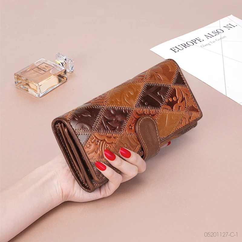New Genuine Leather Purse Coin Long Wallet For Women Fashion Lady Luxury Phone Money Bags Patchwork Vintage Female Print Clutch