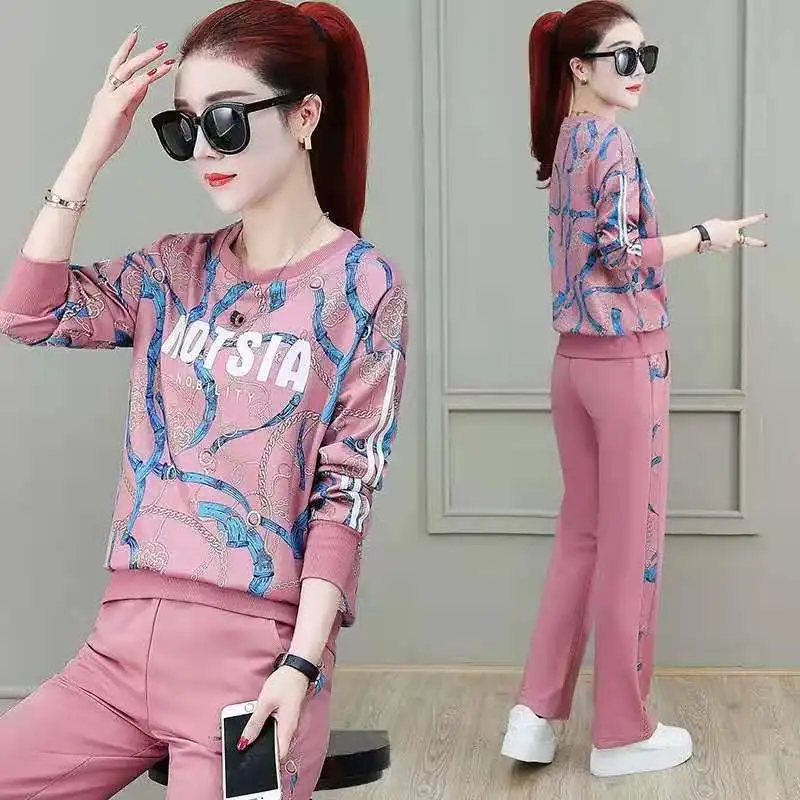 

Spring Korean Print Sweat Suits Women Large Size Casual O-Neck Sweatshirt And Wide Leg Sweatpant Two Piece Sets Joggers Outfits