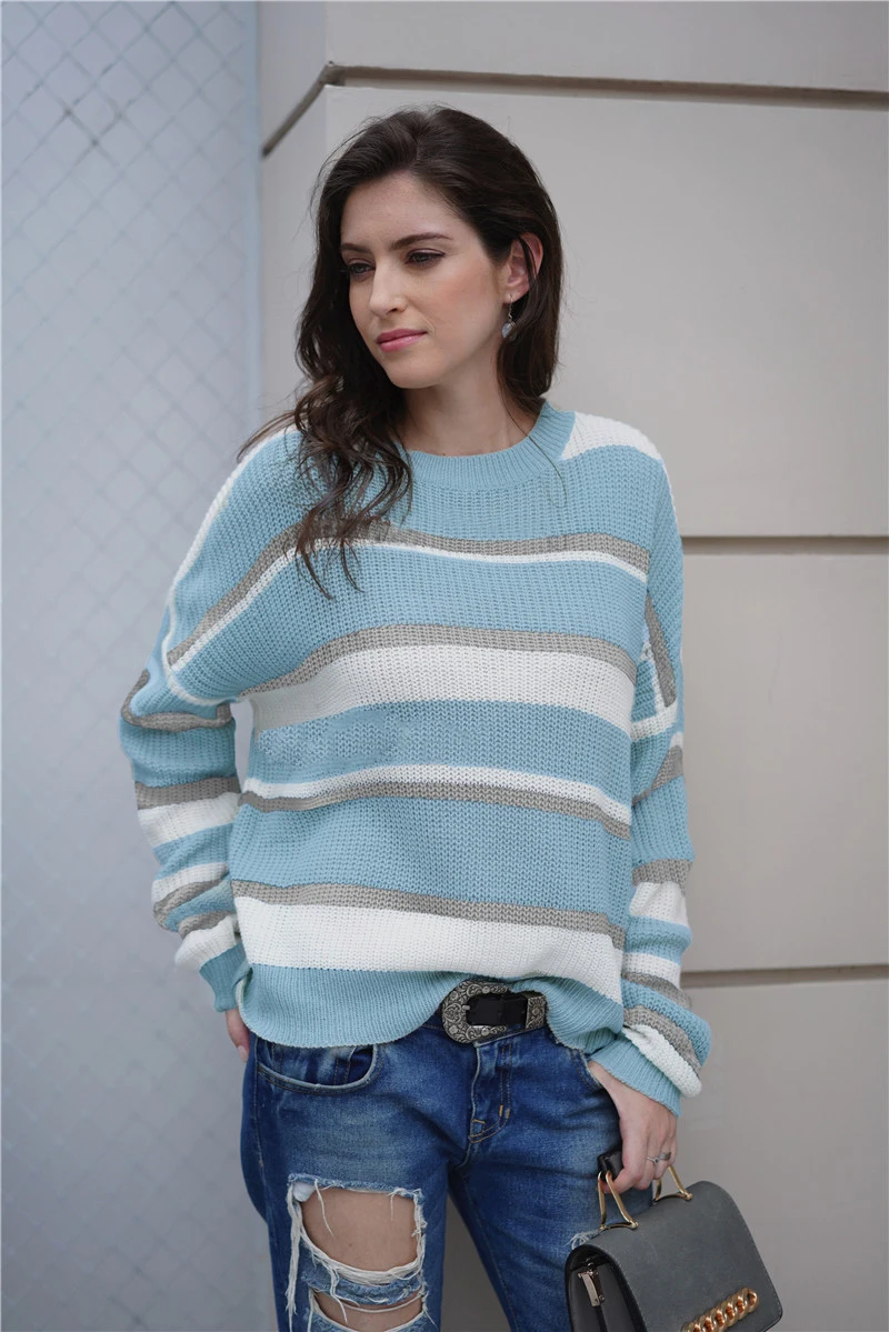 light blue Fitshinling, Осенний вязаный свитер, женская одежда, полосатая повседневная одежда с длинным рукавом, Базовые Женские свитера, пуловеры, зимние джемперы - Цвет: light blue