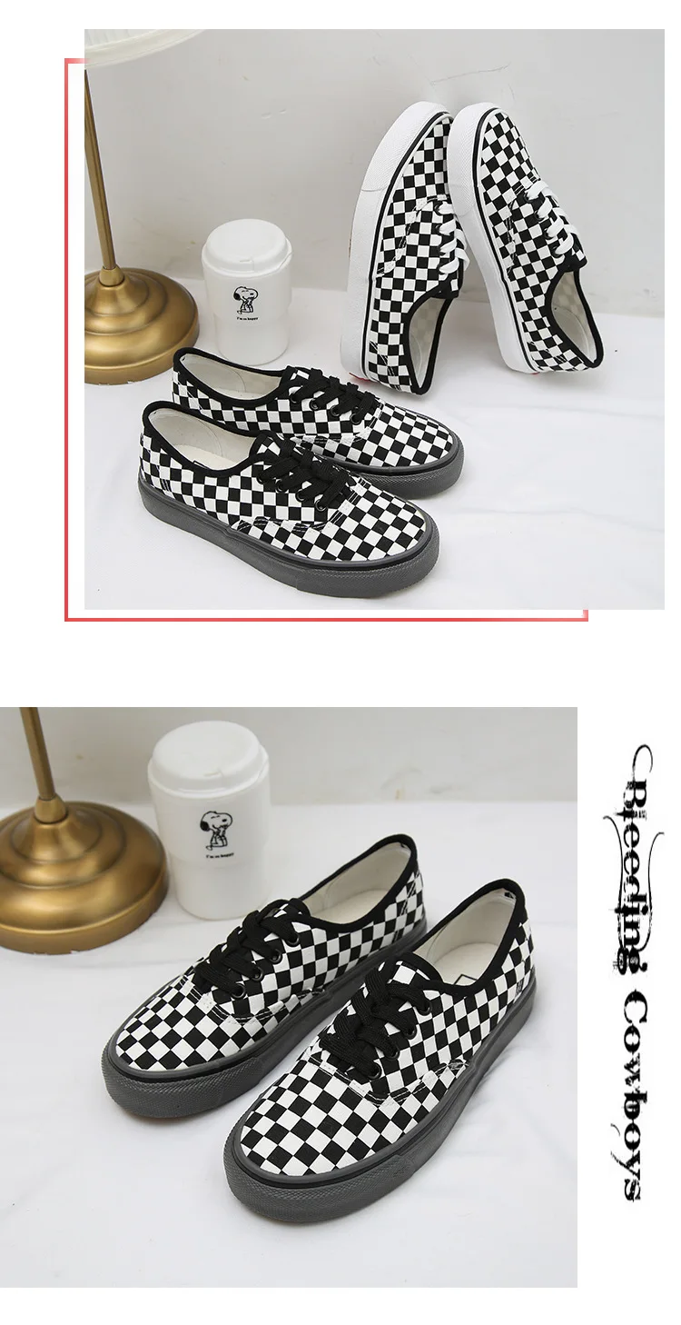 Checked Canvas Vulcanized Shoes For Both Men And Women Casual Loafers With No Lacing At One Stepulzzang Freeshipping Sale