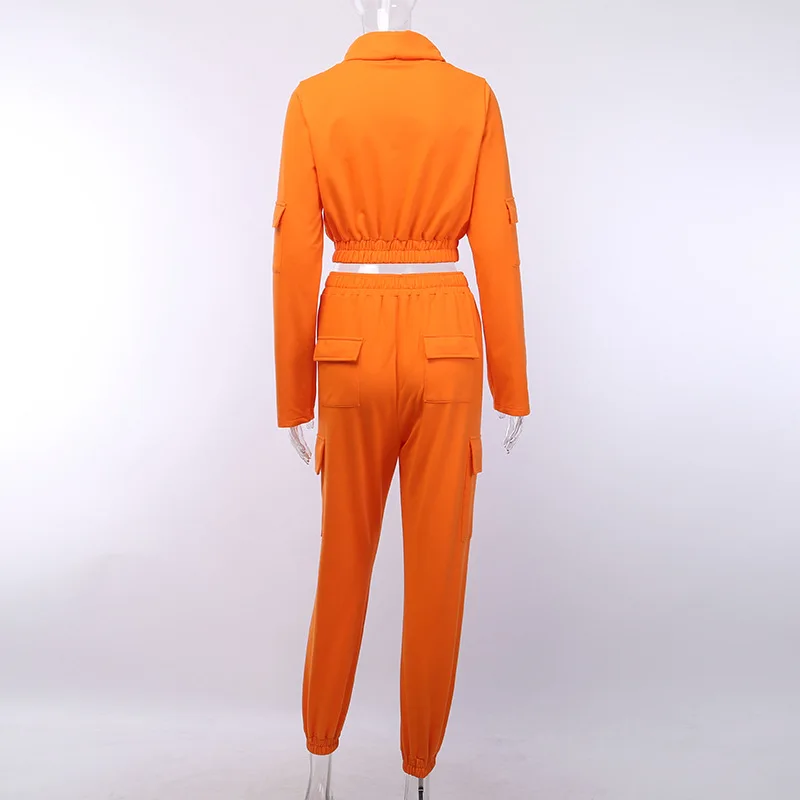 

BKLD Pants Sets For Women 2019 Autumn Sportswear Fashion Neon Orange Outfits Two Piece Sets Long Sleeve Sexy Crop Tops And Pants