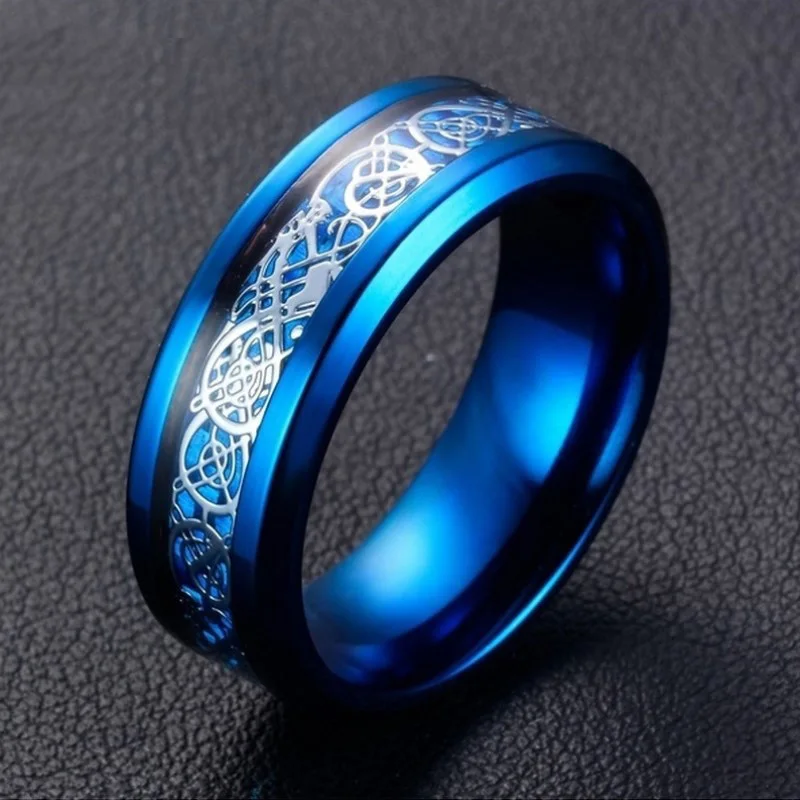 

Trendy Blue Carbide Ring Dragon Blue Carbon Fibre Men Ring For Women Weddings Classical Lover Couple Rings
