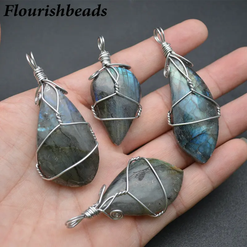 

Smooth High Quality Natural Labradorite Metal Wire Wrapped Stone Water Drop Shape Unique Pendant Jewelry Fits Necklace Makings