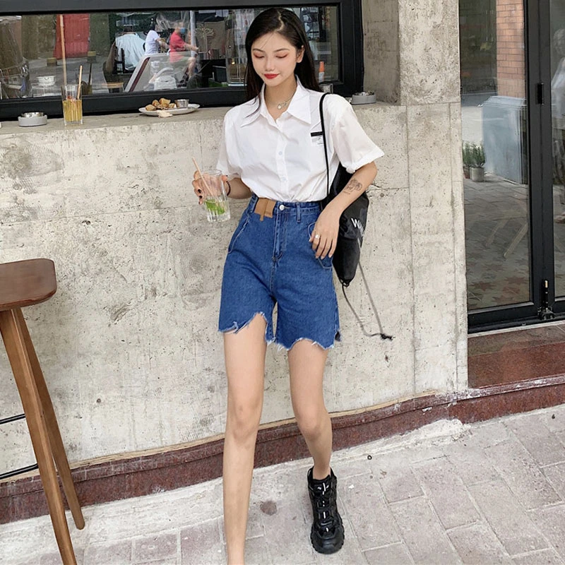 

2021 New Spring And Summer High Waist Cuted Broken Blue Denim Shorts Patchwork Pocket Girls Jeans Vintage KZ436