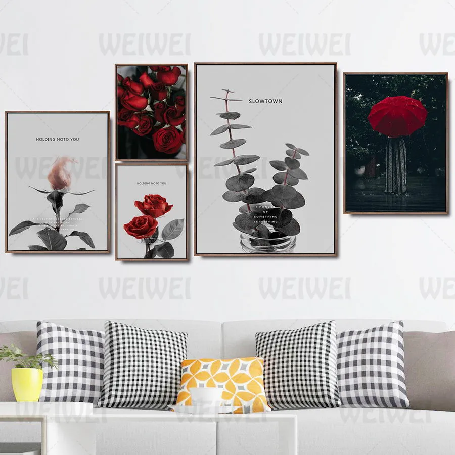

Plant Flowers Home Decoration Painting Red Rose Bouquet Living Room Wall Art Canvas Poster Red Color In Black World Print Decor