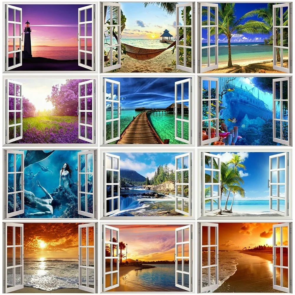 HUACAN полностью квадратная Алмазная Картина Пейзаж вышивка окно картина Стразы 5D