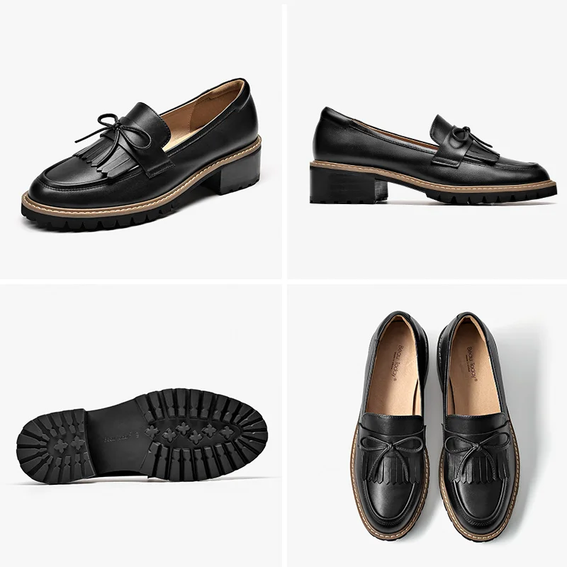 

BeauToday Tassel Loafers Women Calfskin Genuine Cow Leather Bow-knot Round Toe Spring Autumn Ladies Slip-On Flats Handmade 27705