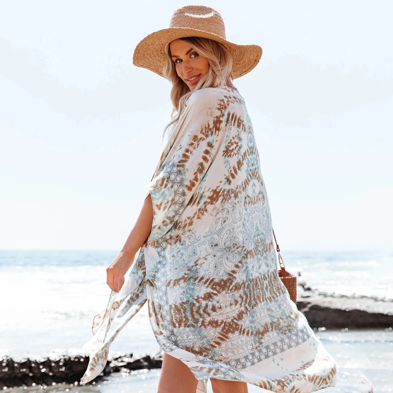 Mid-length  Slit Chiffon Printing Sunny Beach Towel  Beach Cover UpBeach Sunscreen Blouse Swimsuit Swimming Holiday