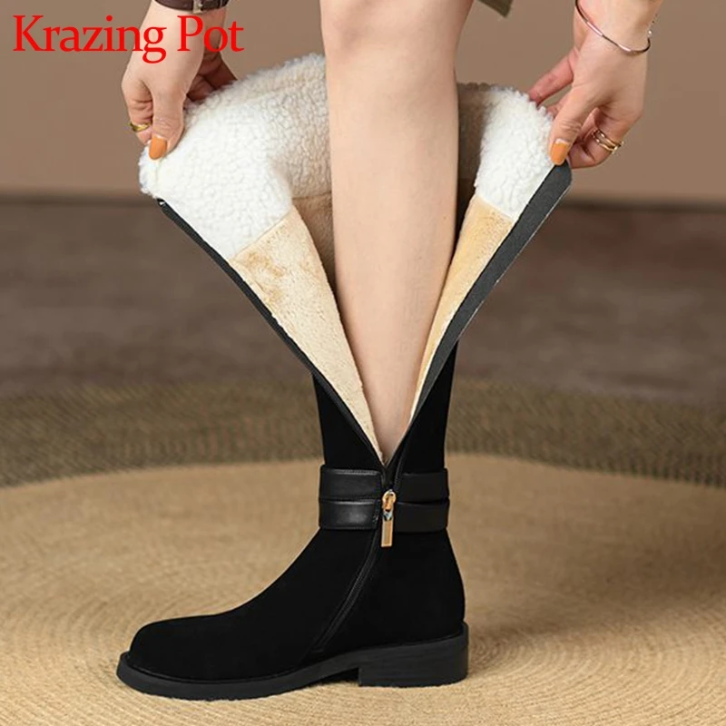 

Krazing pot snow boots ins fashion cow suede round toe belt buckle thick med heels winter keep warm England thigh high boots l85
