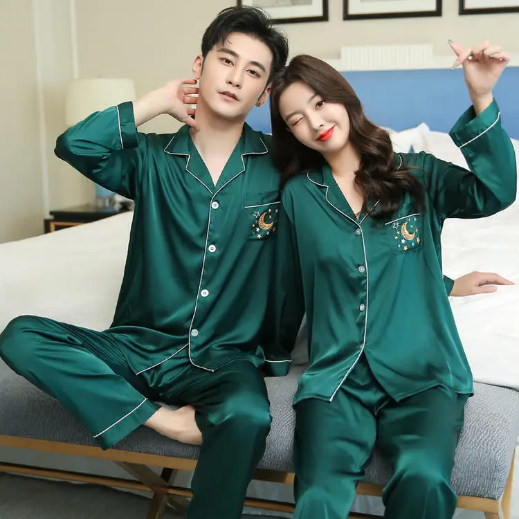 CAIYIER Moon Print Couple Silk Satin Pajamas Set Long Sleeve Trousers Sleepwear Men & Women Winter Luxury Nightwear Home Clothes