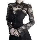 Женская блузка с длинным рукавом Goth, черная Прозрачная кружевная блузка с воротником-стойкой, винтажная блузка с длинным рукавом