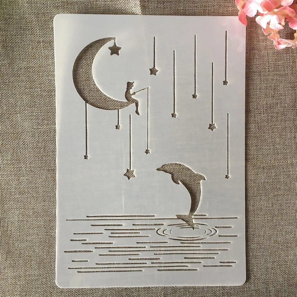 

A4 29cm Moon Fishing Dolphin Meteor DIY Layering Stencils Wall Painting Scrapbook Coloring Embossing Album Decorative Template